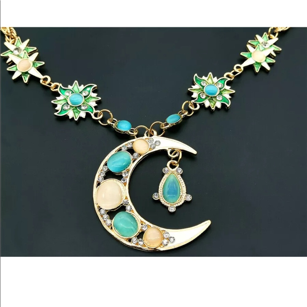Crystal Opal Crescent Moon Star Necklace